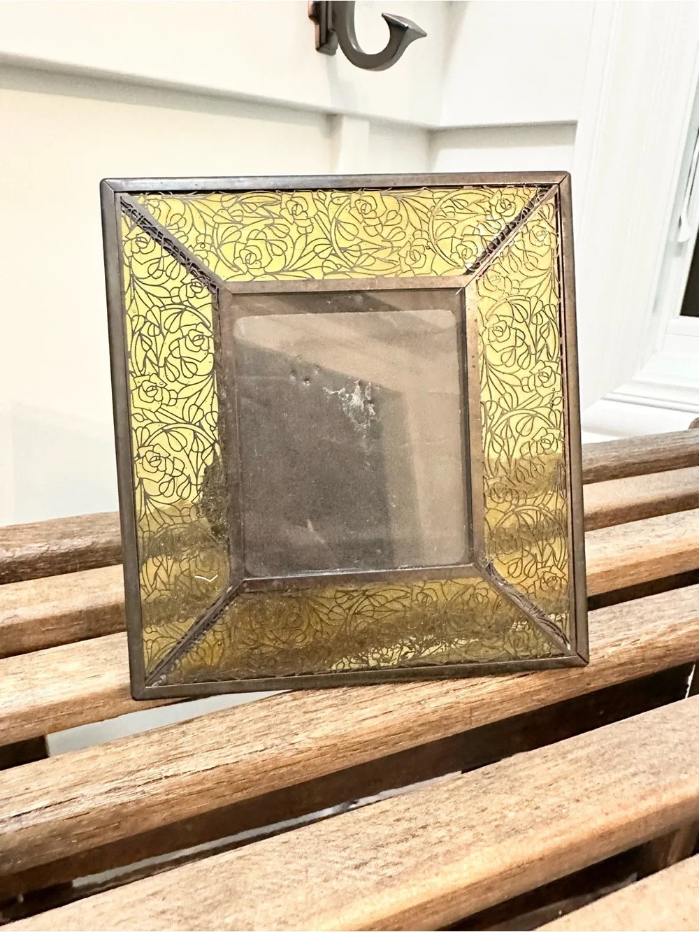 Vintage Studio Yellow Stained Glass Picture Frame Etched Metal Roses Metal Trim